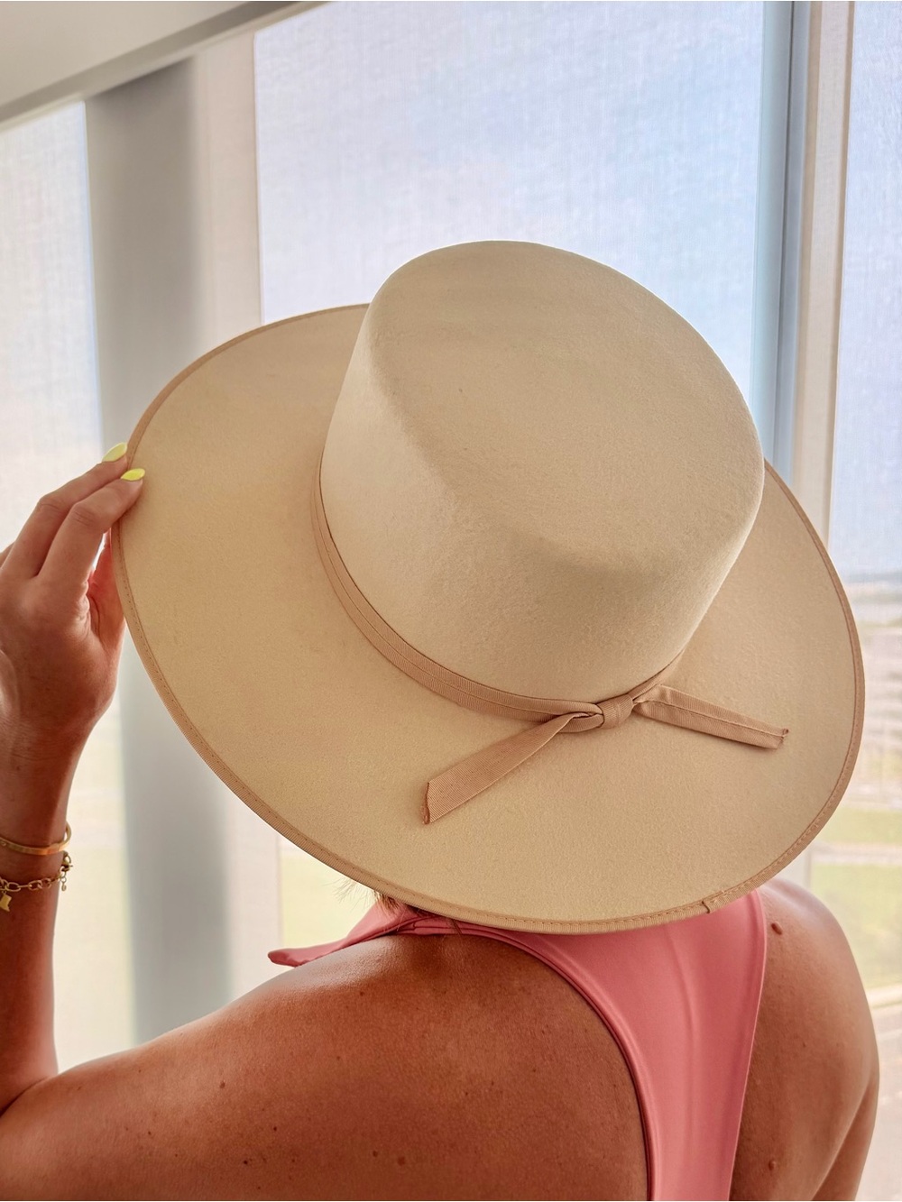 Lack Of Color Wide-Brim Rancher Boater Felt Hat in Cream with Ribbon